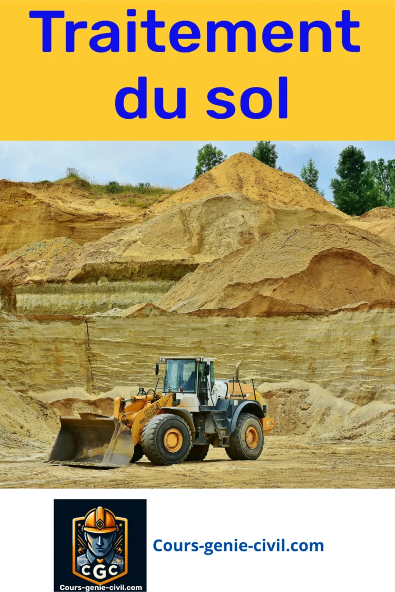 Bulldozer en action sur un chantier de traitement des sols, entouré de couches de terre et de sable, avec le texte 'Traitement du sol' et un logo CGC accompagné du site 'Cours-genie-civil.com'