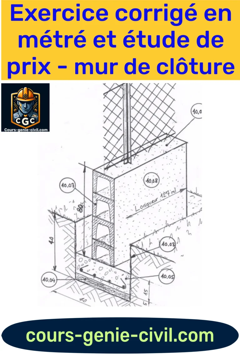 Diagramme illustrant un exercice corrigé sur le métré et l'étude de prix pour un mur de clôture, mettant en évidence les étapes de calcul des quantités et des coûts.