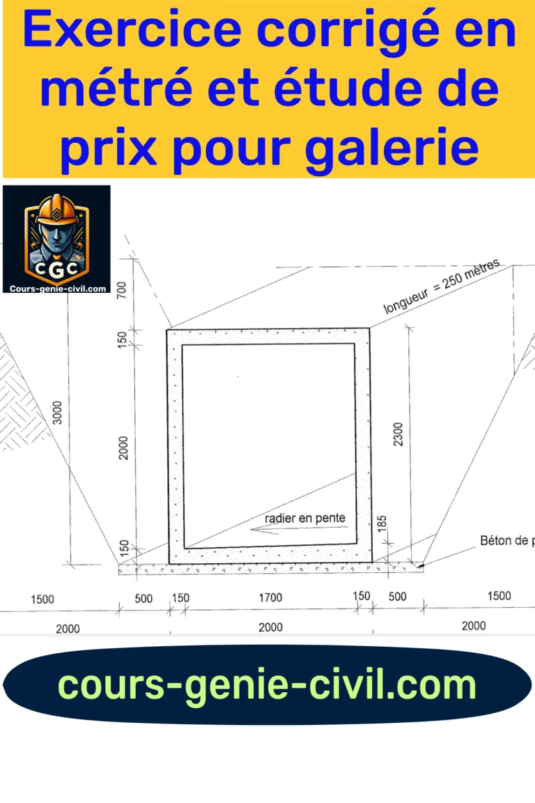 Diagramme détaillant les phases d'un exercice corrigé en métré et étude de prix pour une galerie technique.