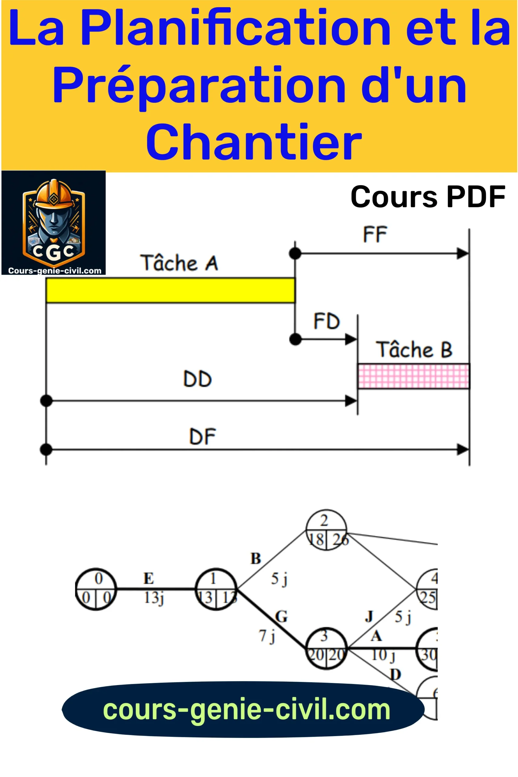 Icône de téléchargement représentant un document sur la planification et la préparation de chantiers, avec des outils de construction en arrière-plan
