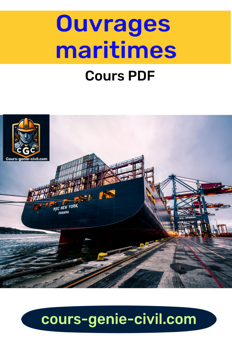 Illustration des ouvrages maritimes, incluant ports, quais, digues, accostage et équipements de manutention.