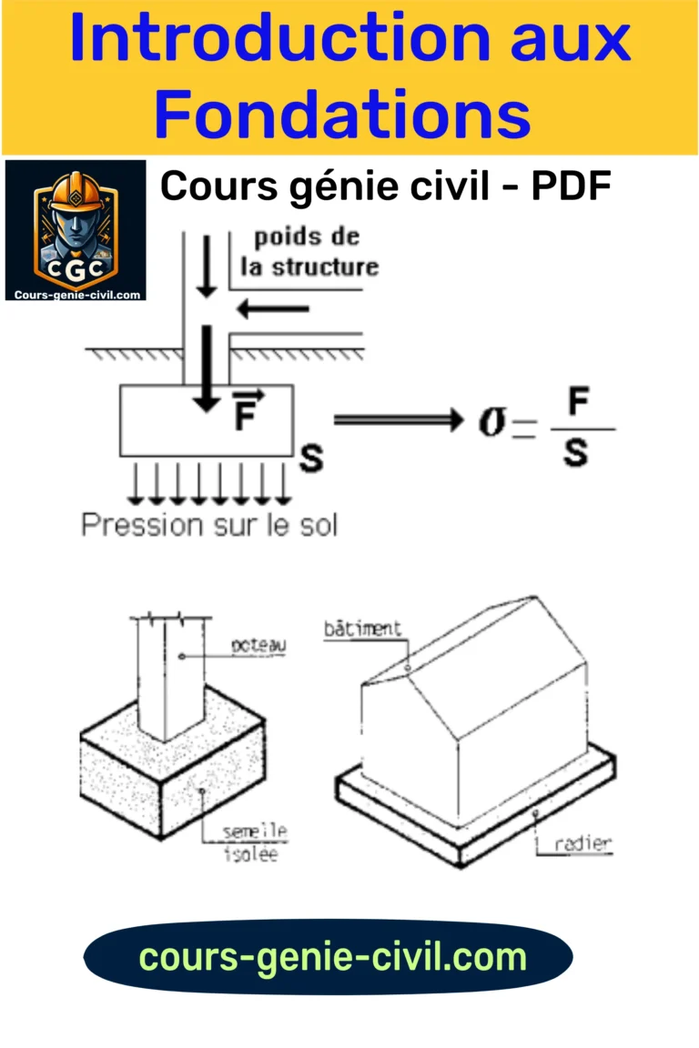 Illustration d'un cours PDF sur les fondations en génie civil, conçu pour expliquer les concepts de base aux étudiants et professionnels.