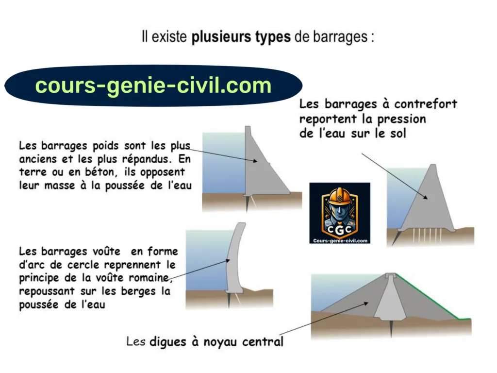 Illustration des types de barrages enseignés à l'EPFL : barrages poids, voûtes et en remblais.