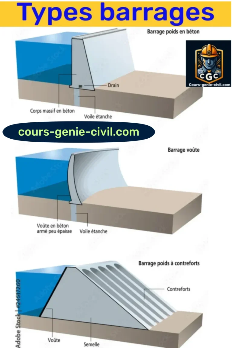 Schéma illustrant différents types de barrages poids, voûtes et en remblais, enseignés à l'école de l'EPFL.